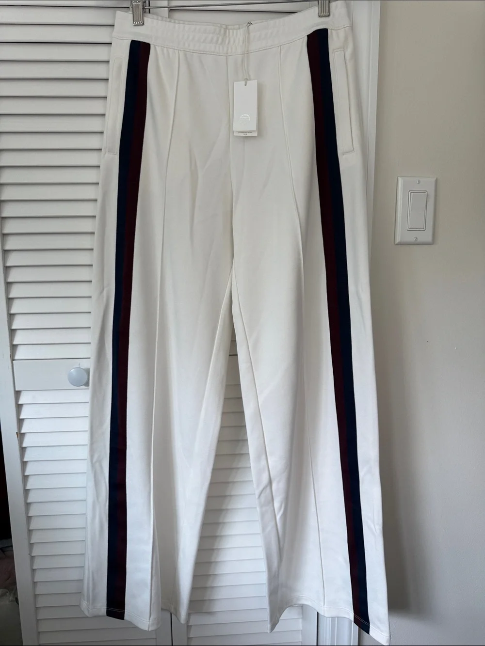 Tory Burch White Wide-Leg Pants with Navy and Burgundy Side Stripes